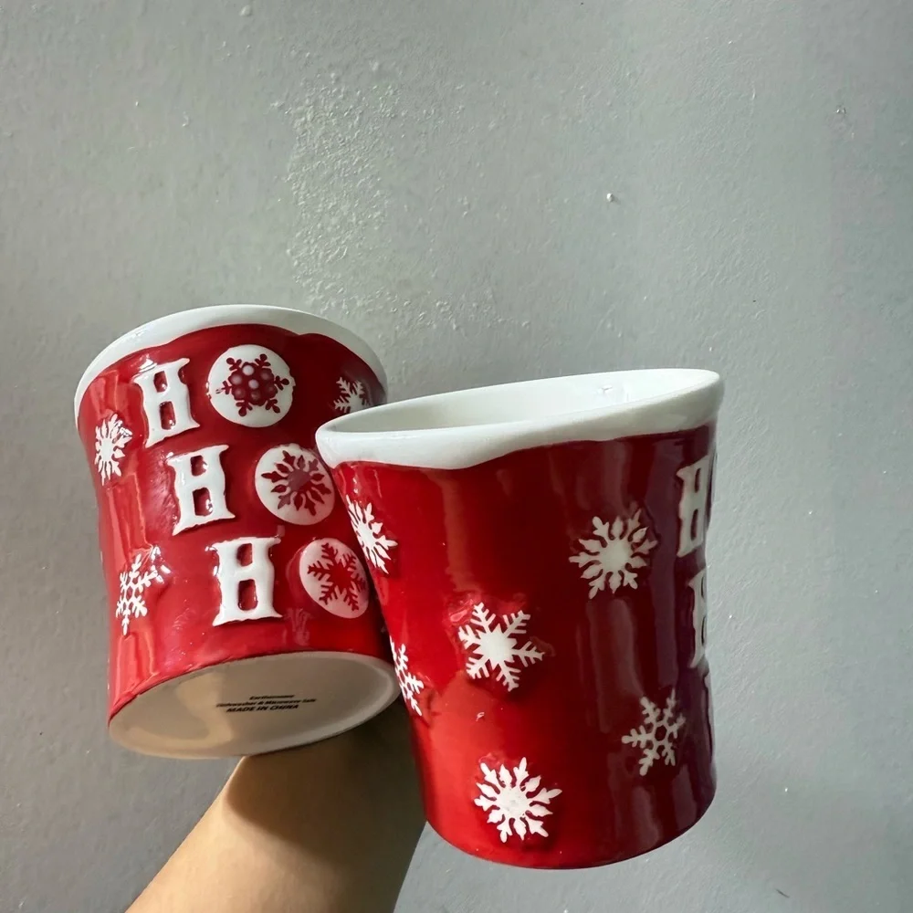 Festive Red Holiday Mugs with Snowflake Design